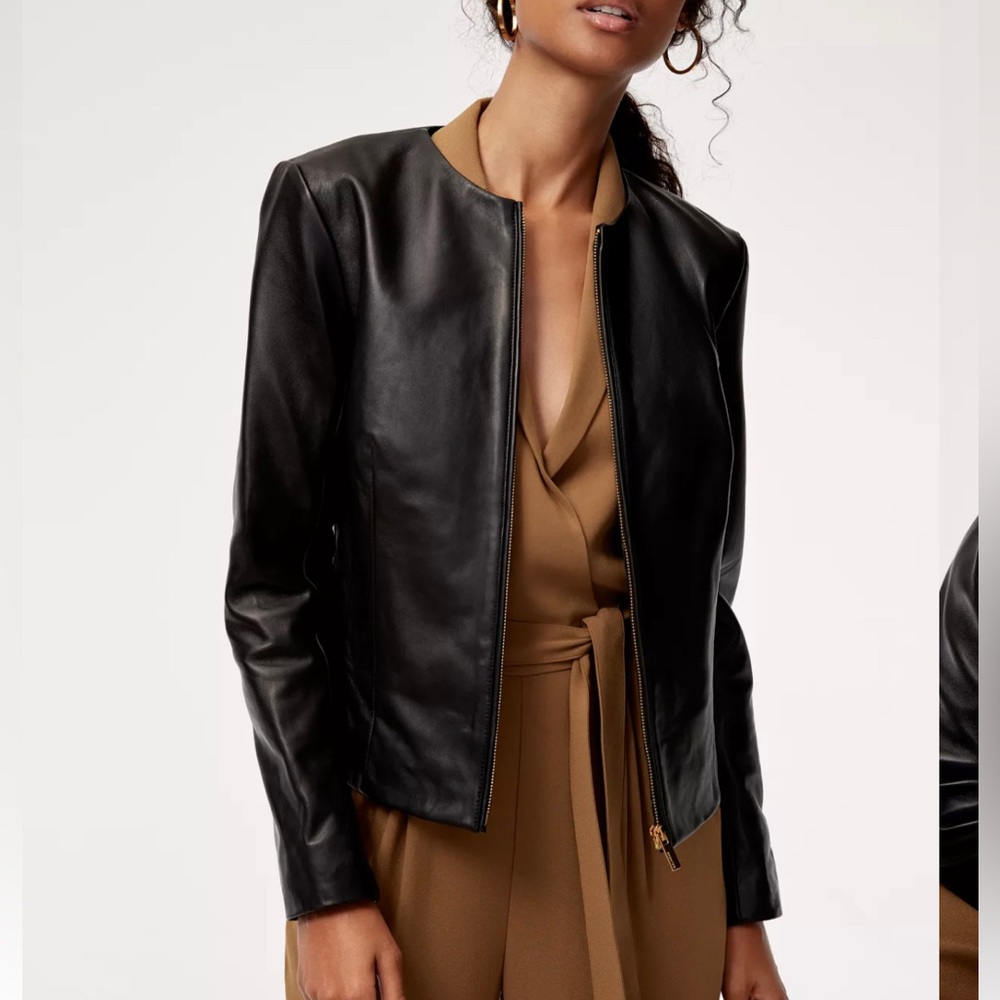 Aritzia Babaton Jett Black Leather Moto Biker Western Lined Winter Sz XXS - Picture 4 of 8